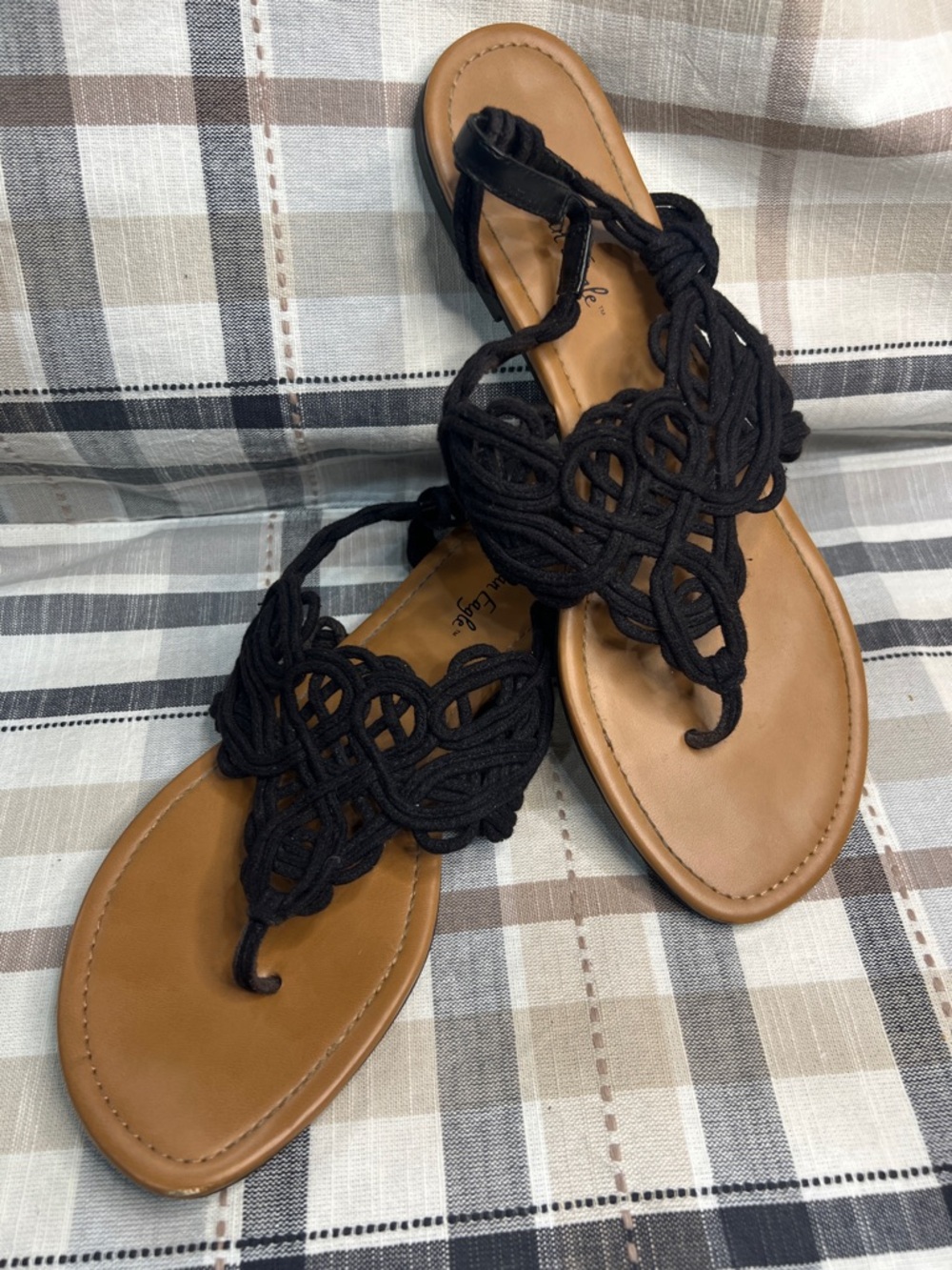 American Eagle Outfitters Black Knotted Rope Sandals with Tan Footbed